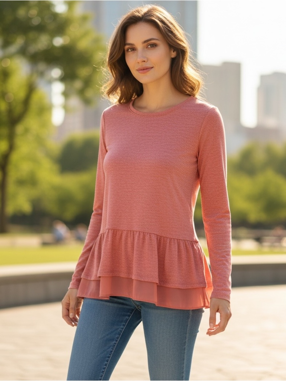 LOGO Lori Top Tunic Women S  Knit Long Sleeve Red Ruffle Pockets Cottagecore